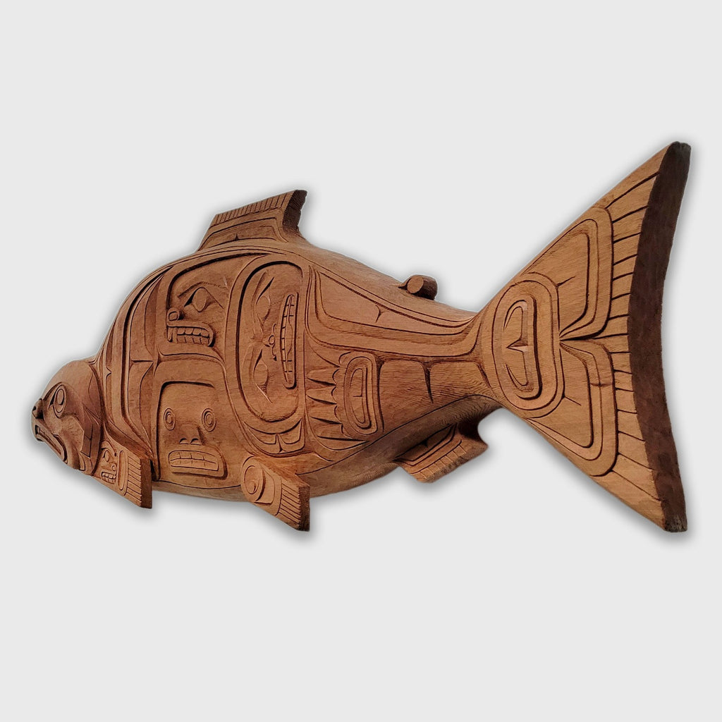 Carved Red Cedar Dog fish or Salmon panel by First Nations artist Aubrey Johnson