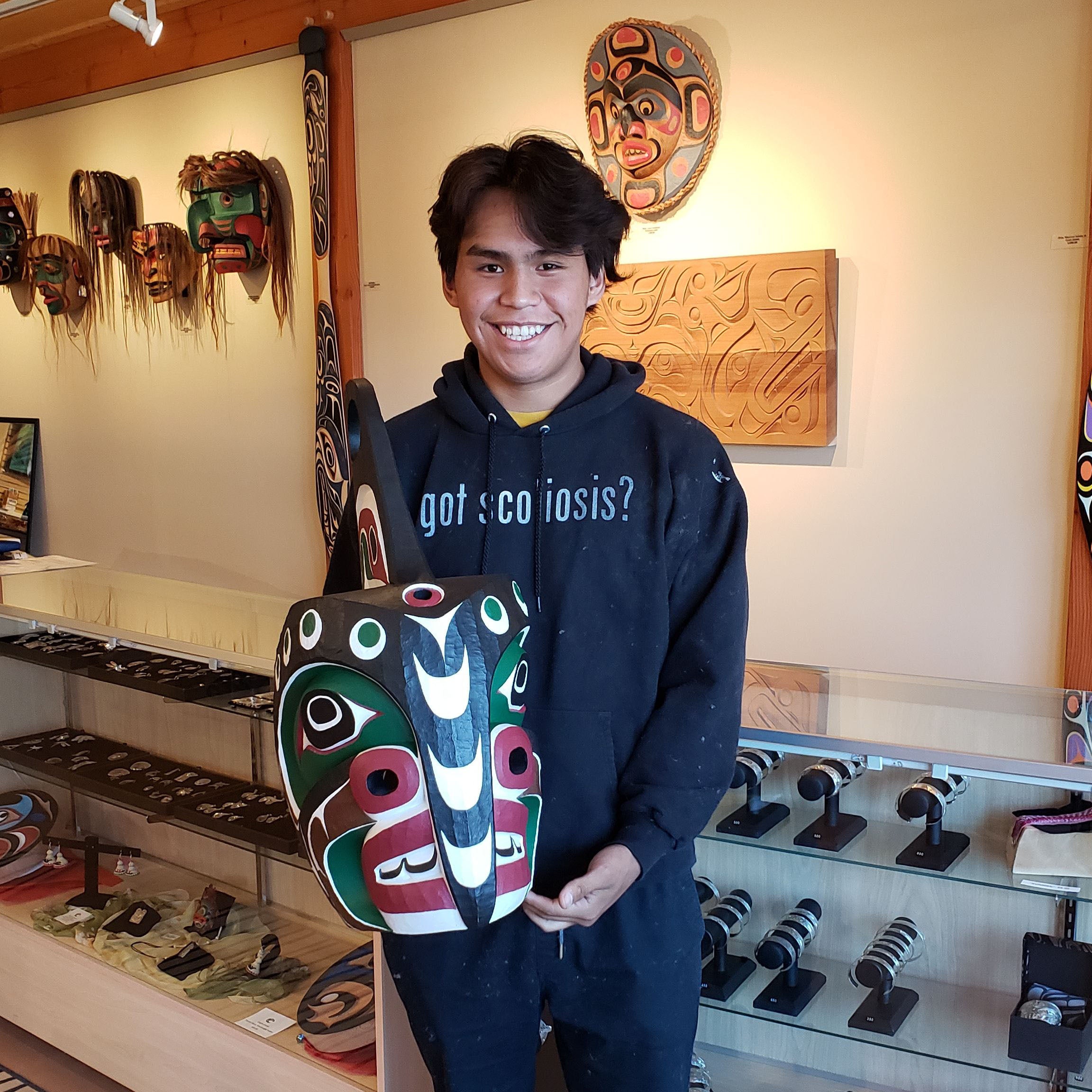 Kwakwaka'wakw carver Talon George with First Nations Killer Whale Mask