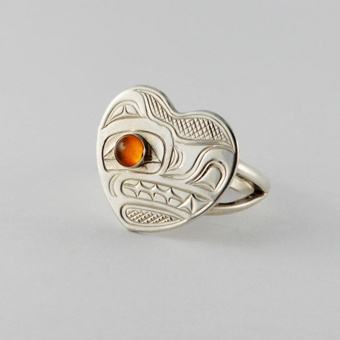 Silver and Amber Heart-shaped Wolf Ring by Kwakwaka'wakw artist Chris Cook