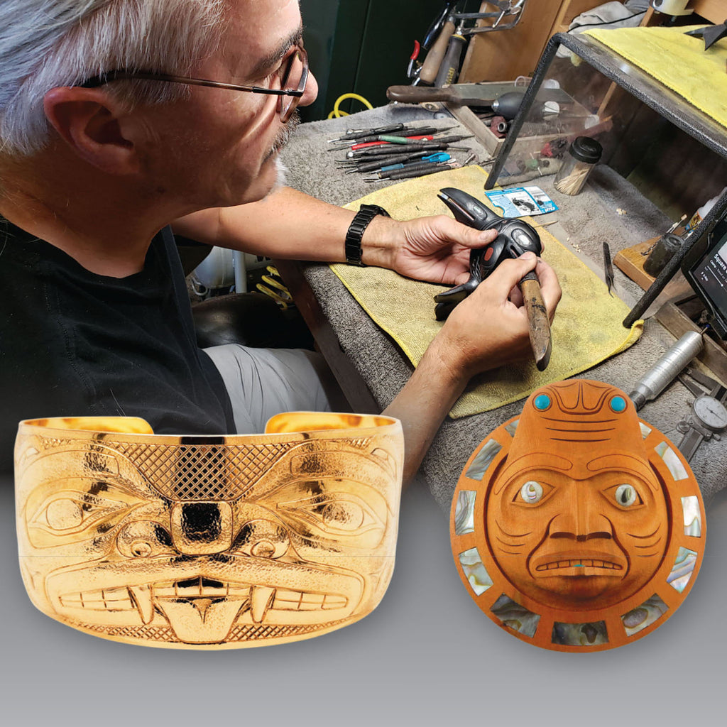 Graphic of Haida artist Darrell White carving argillite, a Gold Bear bracelet, and a yew wood pendant