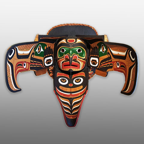 Indigenous Sea Eagle Transformation Mask hand-carved by Kwakwaka'wakw artist Calvin Hunt