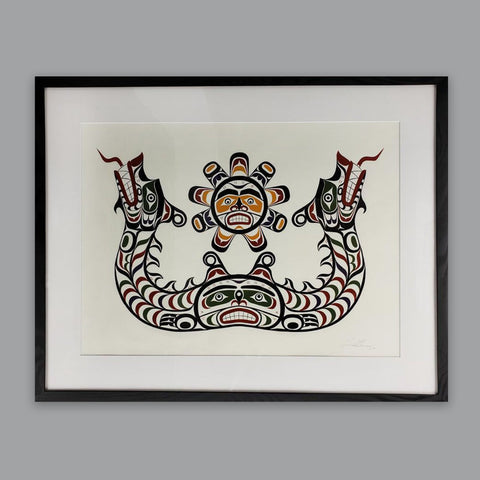 Indigenous Sisiutl Sea Serpent and Sun painting by K'omoks artist Karver Everson