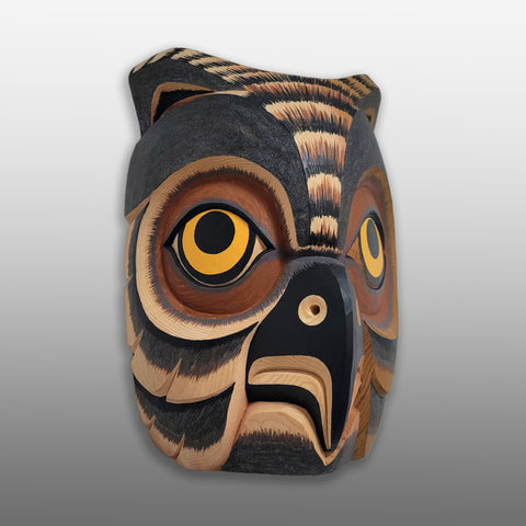 Indigenous cedar Owl Mask hand-carved by Kwakwakwa'wakw artist Greg Henderson