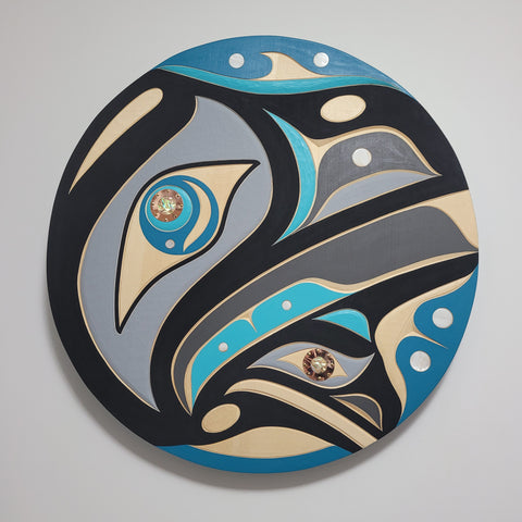 Cedar Raven Panel with abalone and mother of pearl by Kwakiutl artist Trevor Hunt