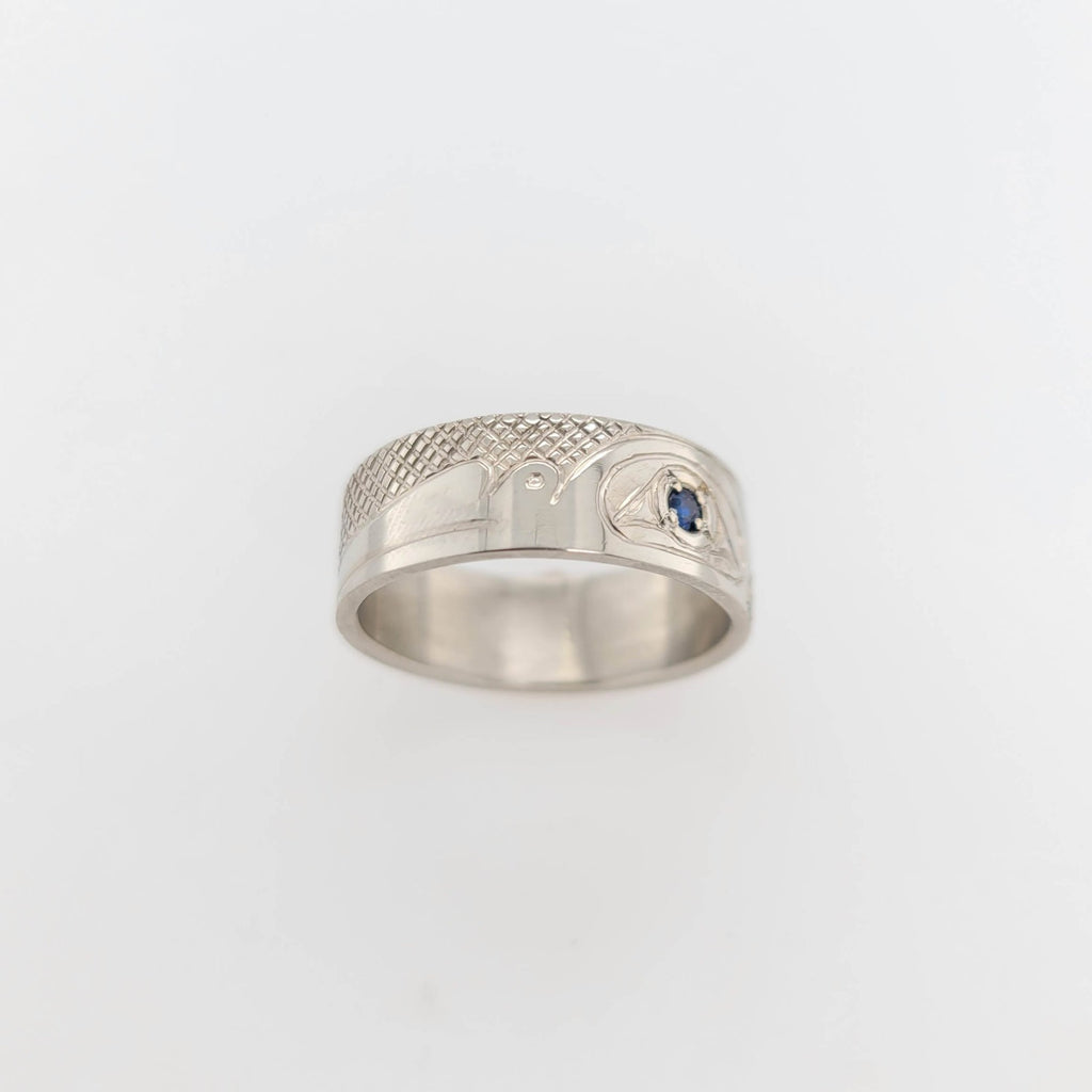 White Gold Hummingbird Ring with Sapphire by Cree artist Justin Rivard