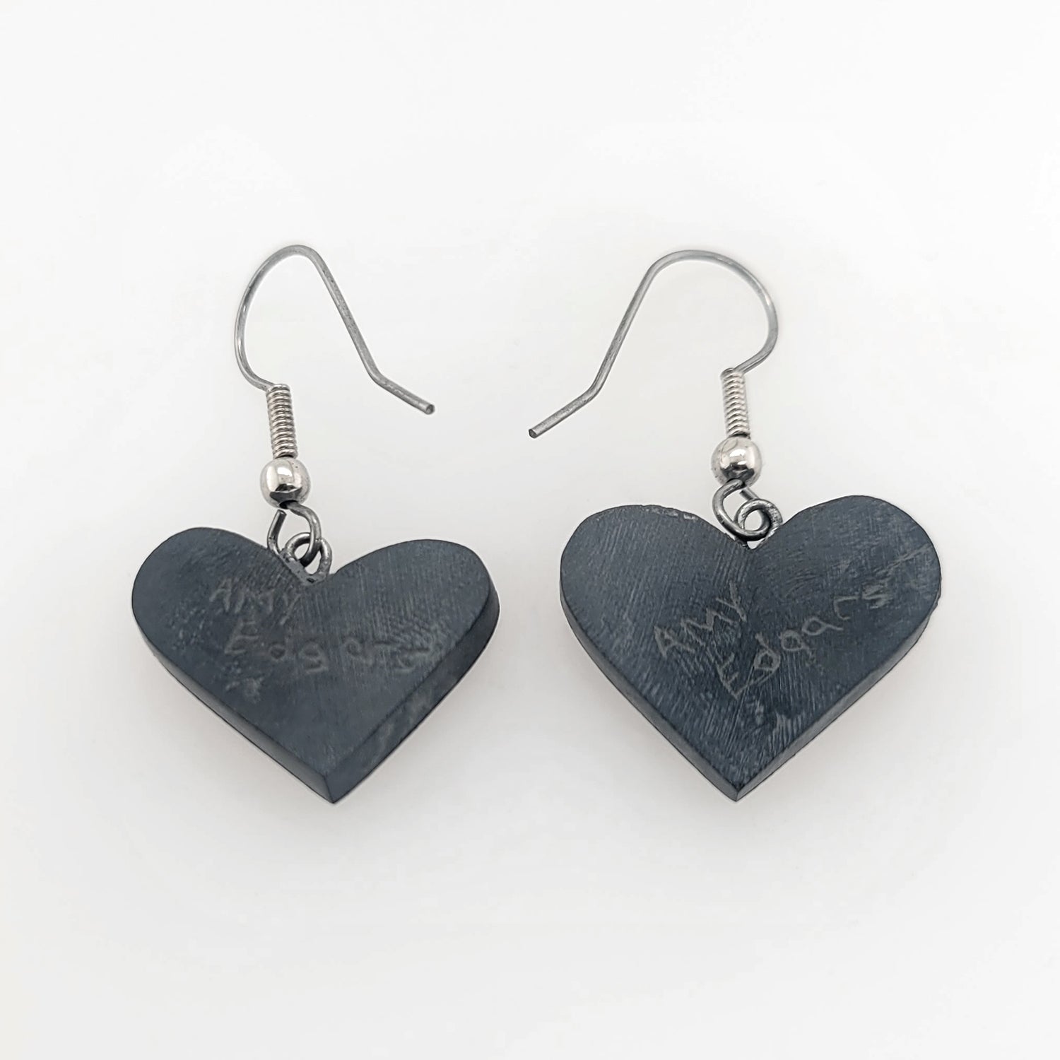 Argillite and Abalone Hummingbird Heart Earrings by Haida carver Amy Edgars