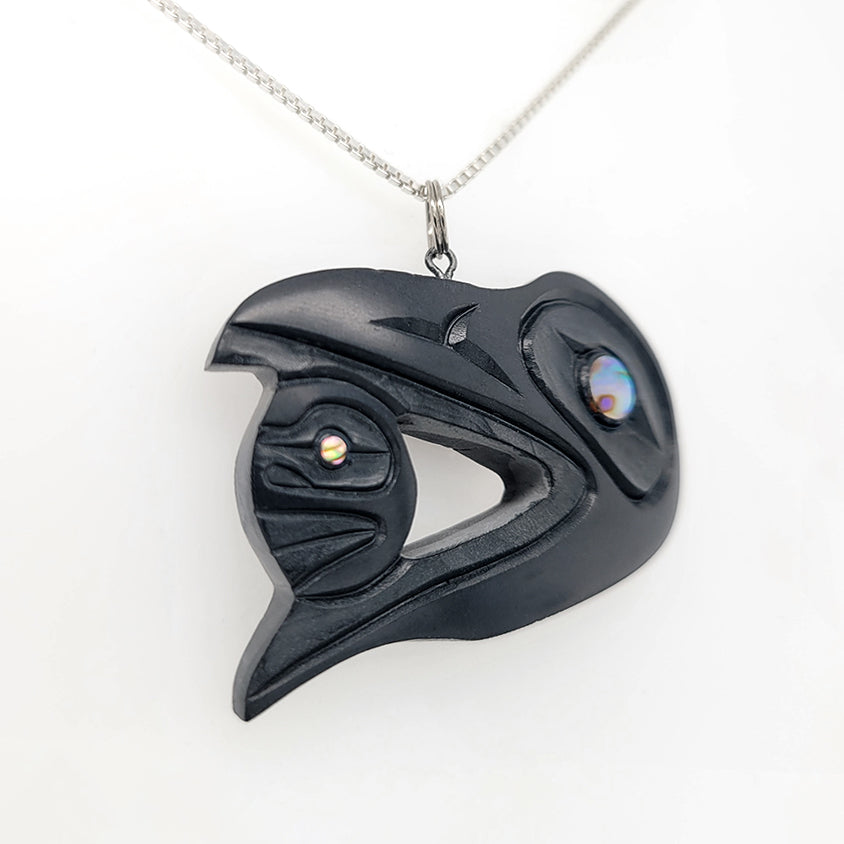 Argillite Raven and the Light Pendant by Haida artist Amy Edgars