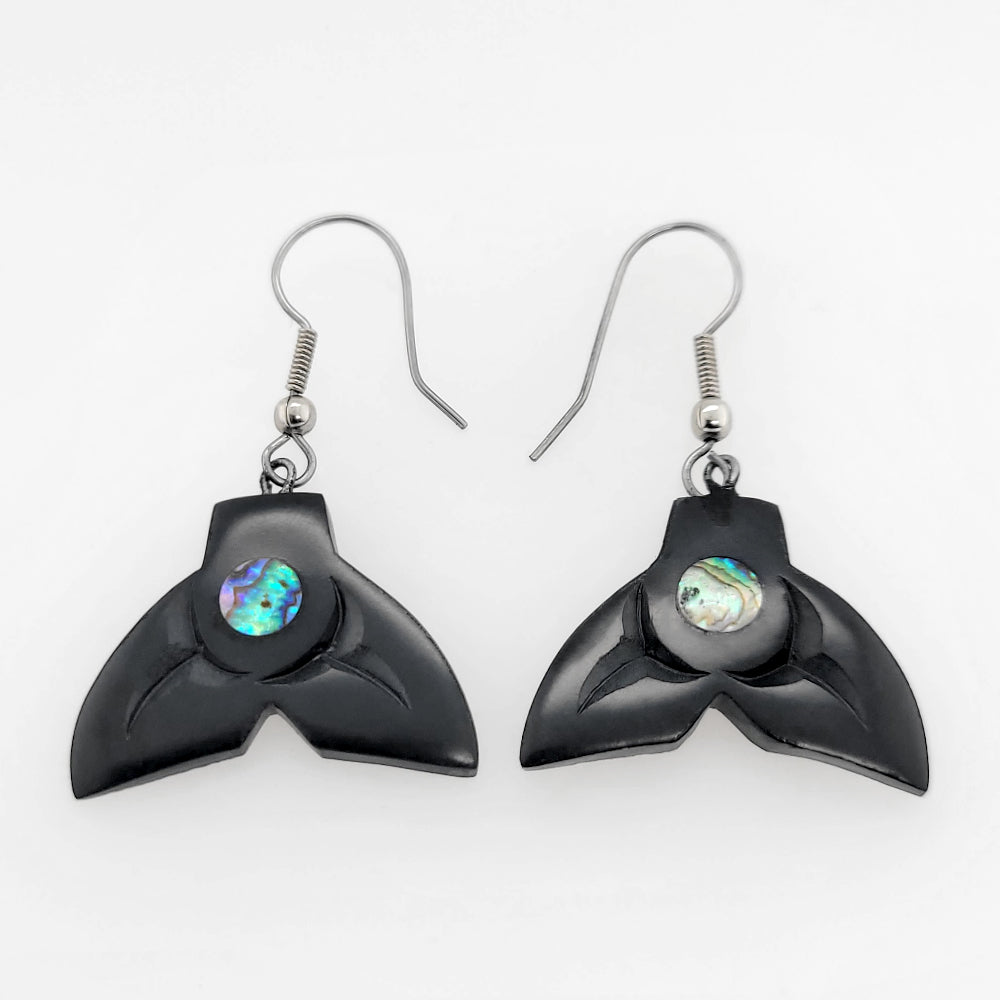Argillite Whale Tail Earrings with Abalone by Haida artist Amy Edgars