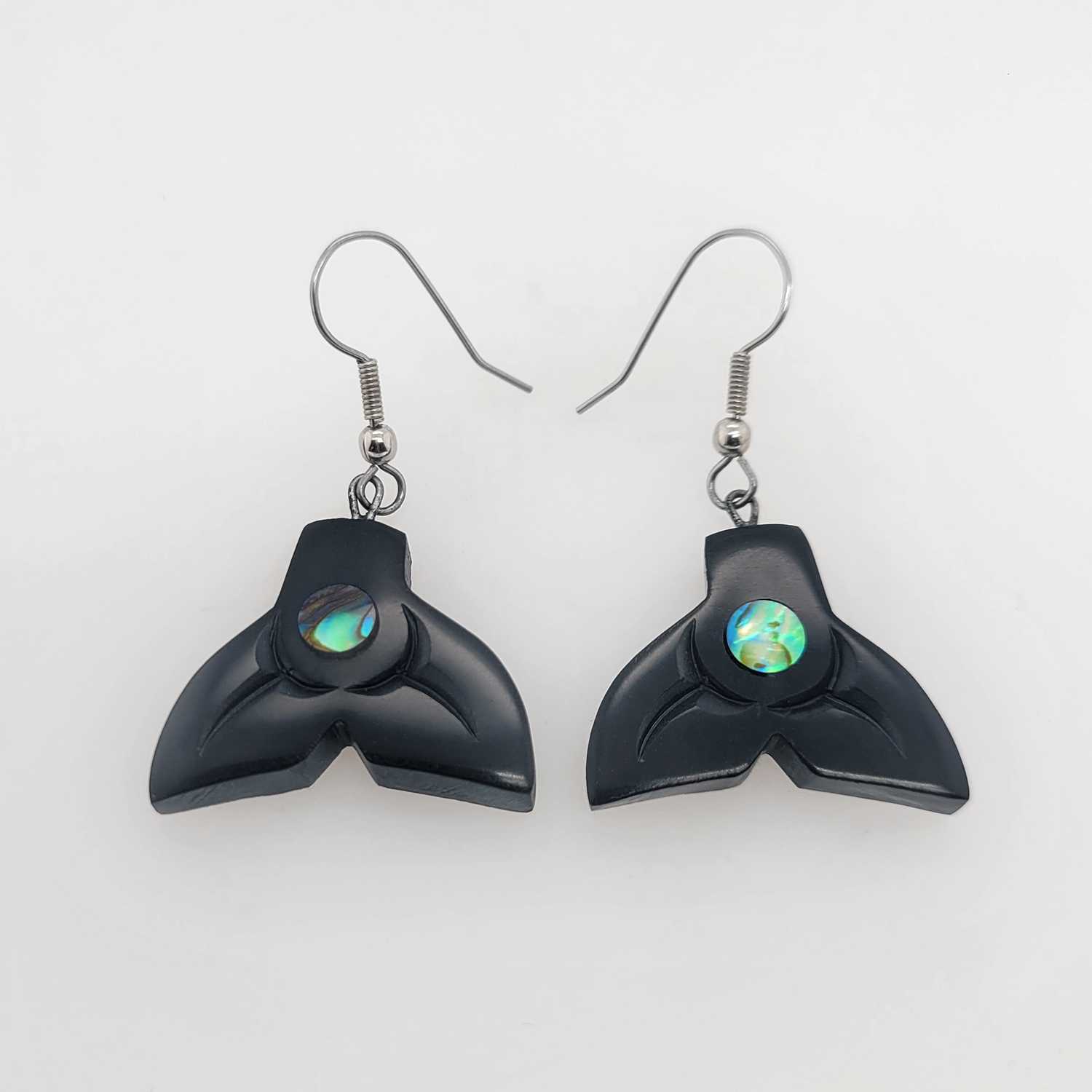 Argillite Whale Tail Earrings with Abalone by Haida artist Amy Edgars