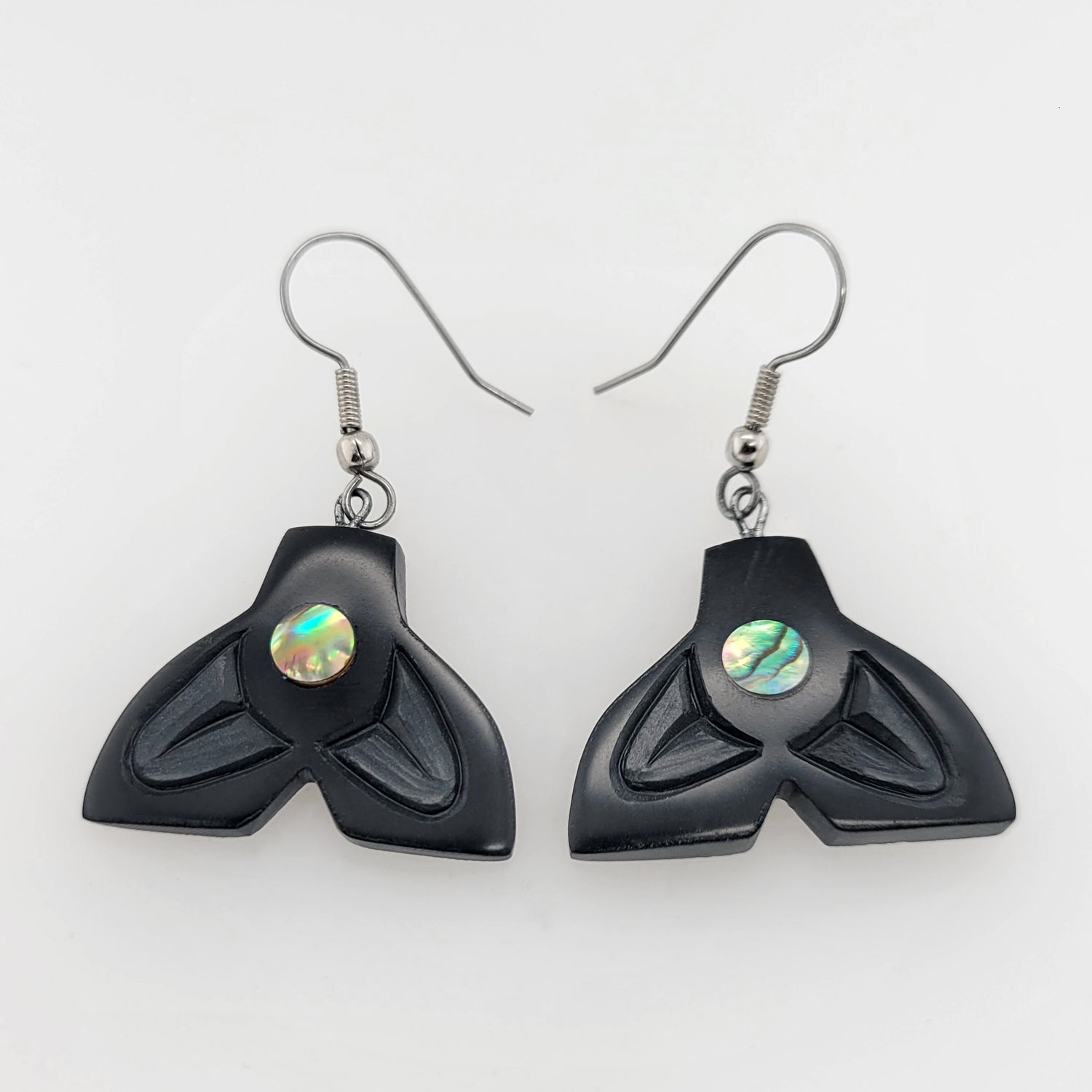 Argillite Whale Tail Earrings with Abalone by Haida artist Amy Edgars