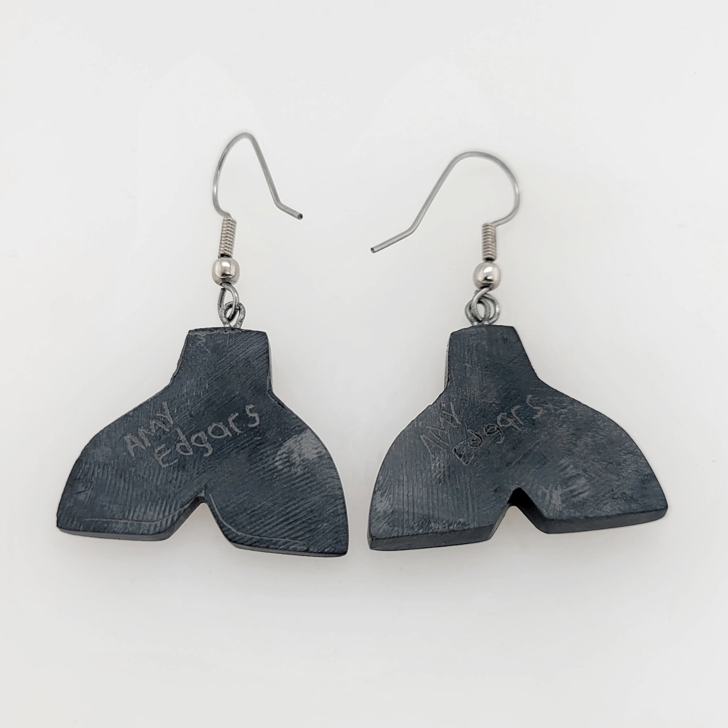 Argillite Whale Tail Earrings with Abalone by Haida artist Amy Edgars