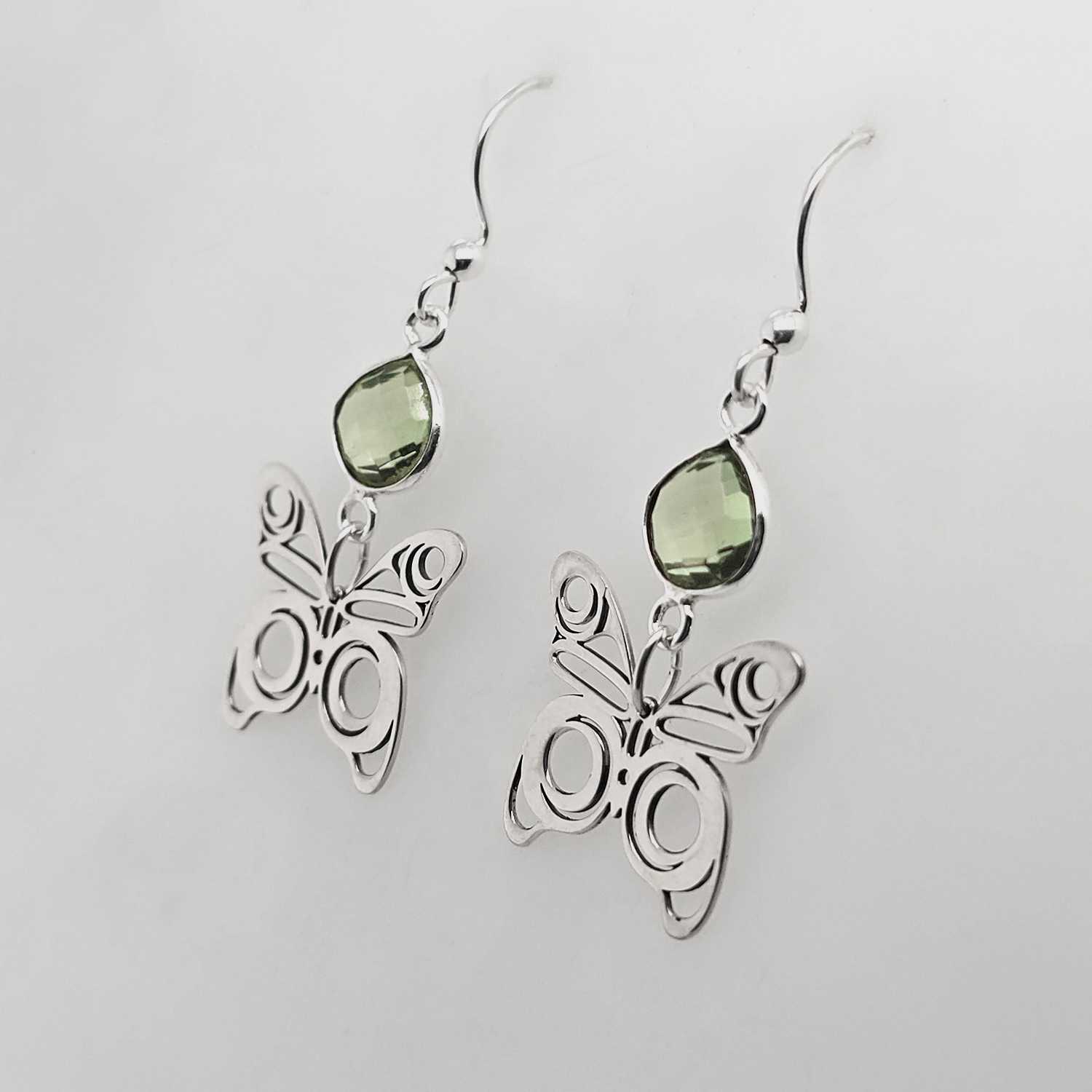 Silver Butterfly Earrings with Green Amethyst by Morgan Asoyuf