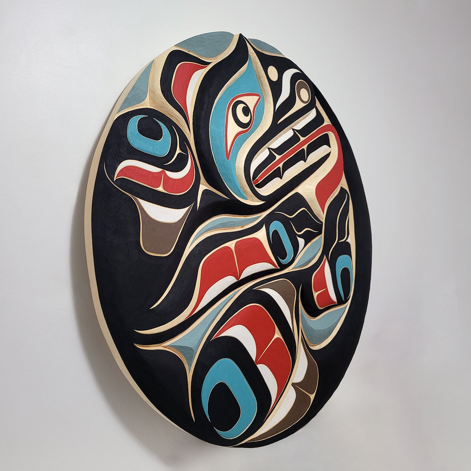 Large carved Wolf Yellow Cedar Wood Panel by Trevor Hunt