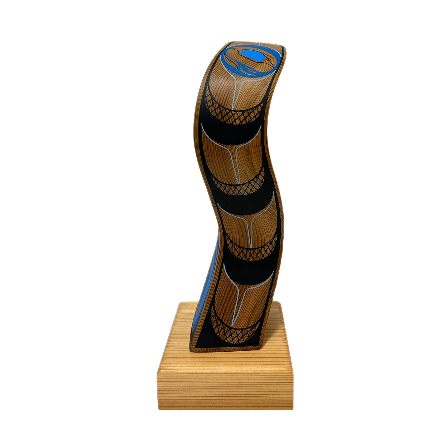 Wooden trophy with a wavy design on a white background