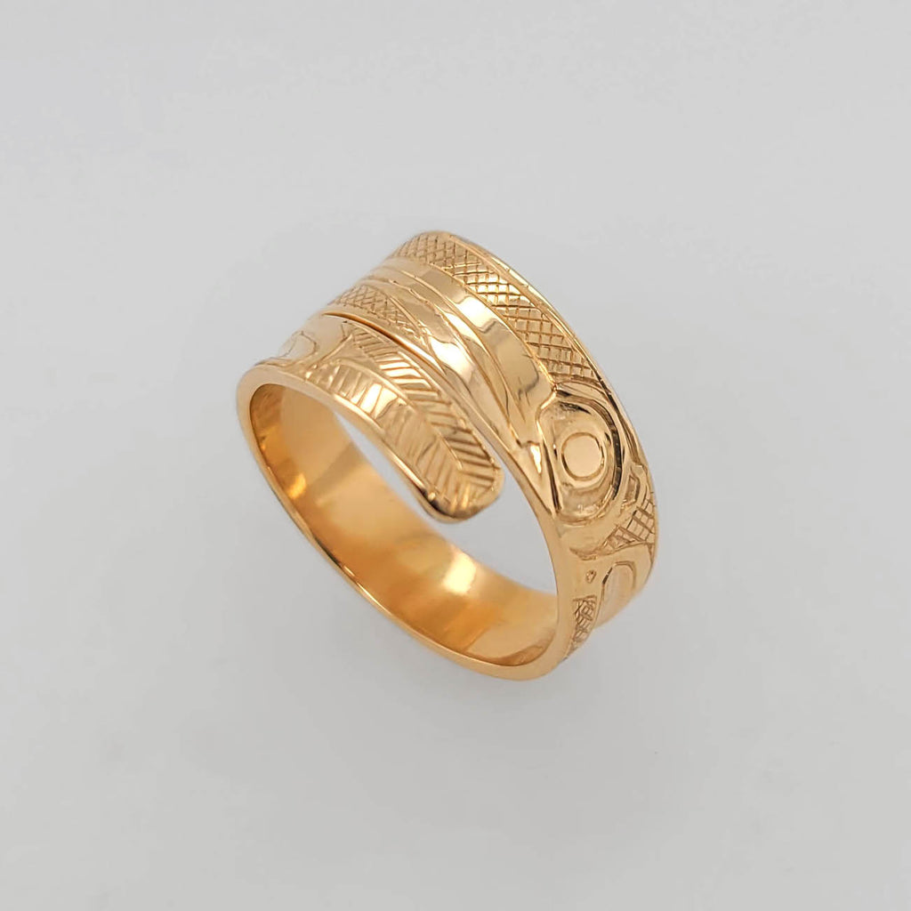 Gold Hummingbird Wrap Ring by Haida artist Carmen Goertzen