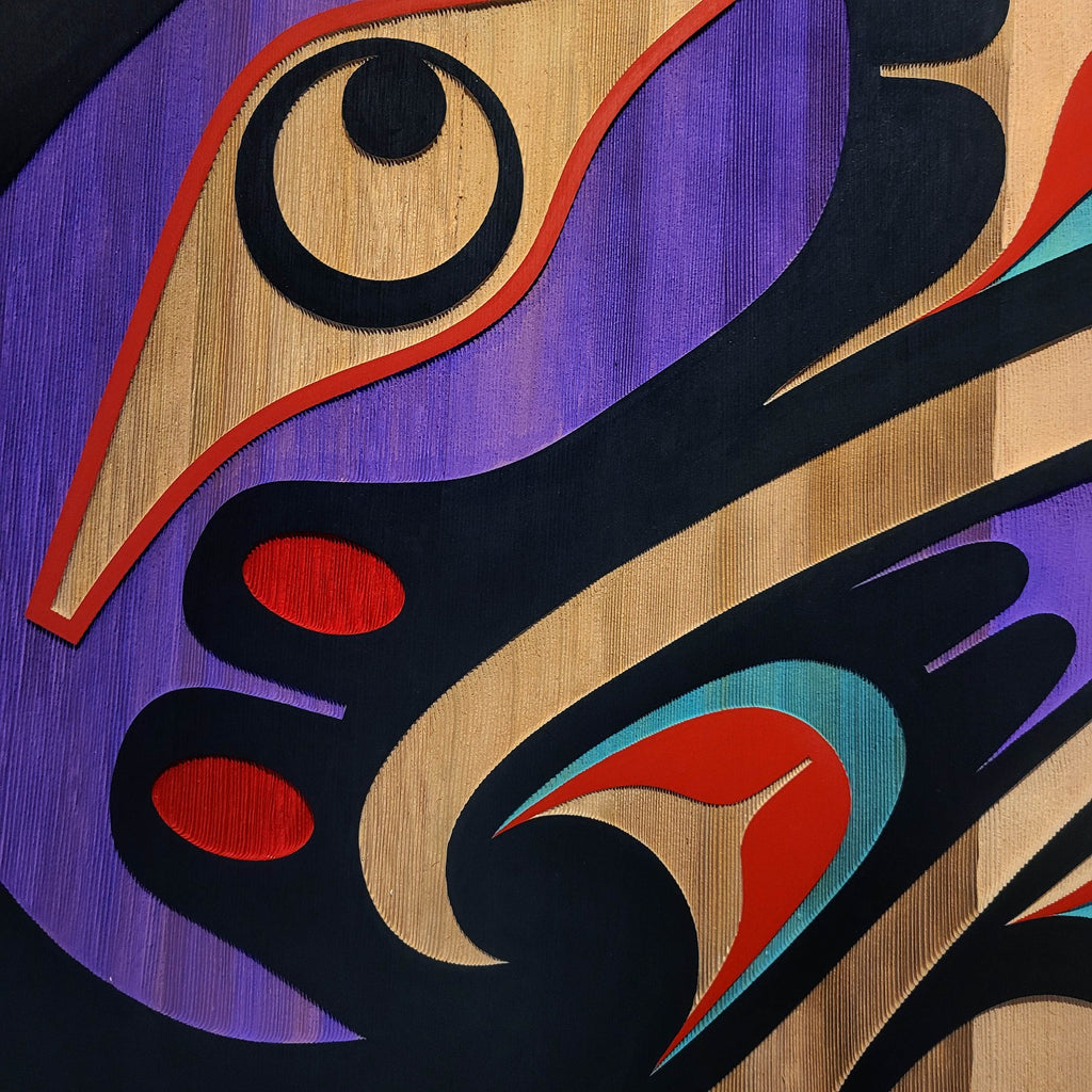 Sandblasted Cedar Hummingbird Panel by Kwakiutl artist Trevor Hunt