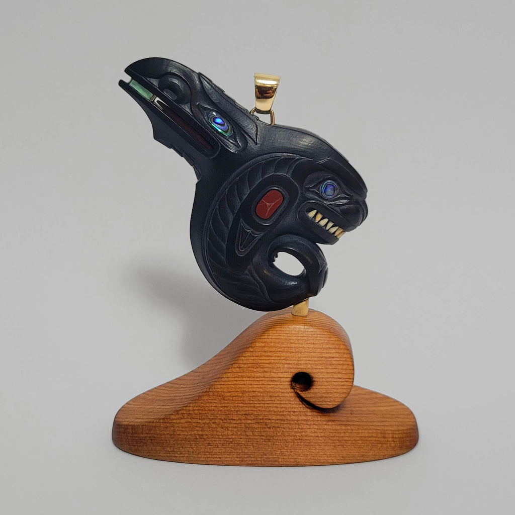 Argillite Orca with Raven Fin Pendant by Haida artist Darrell White
