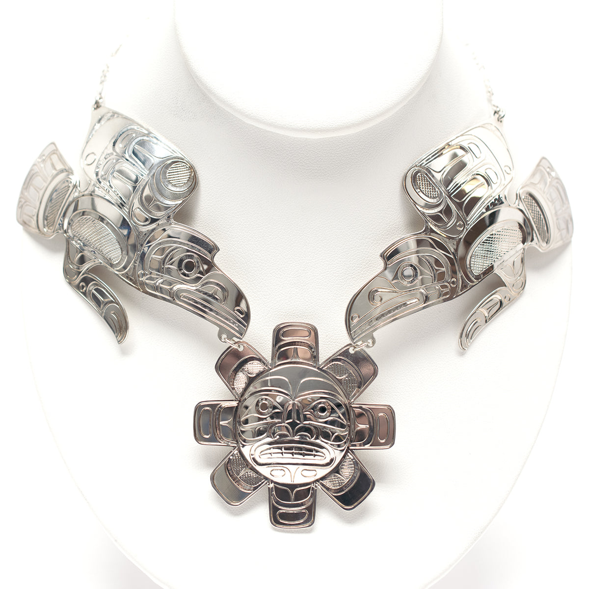 Silver Ravens and Sun Necklace by Kwakwaka'wakw artist Don Lancaster