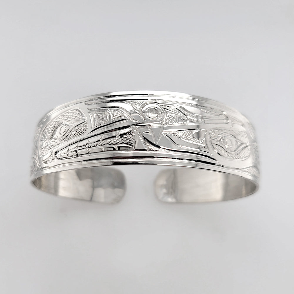 Silver Raven and Wolf Bracelet by Tsimshian artist Bill Helin