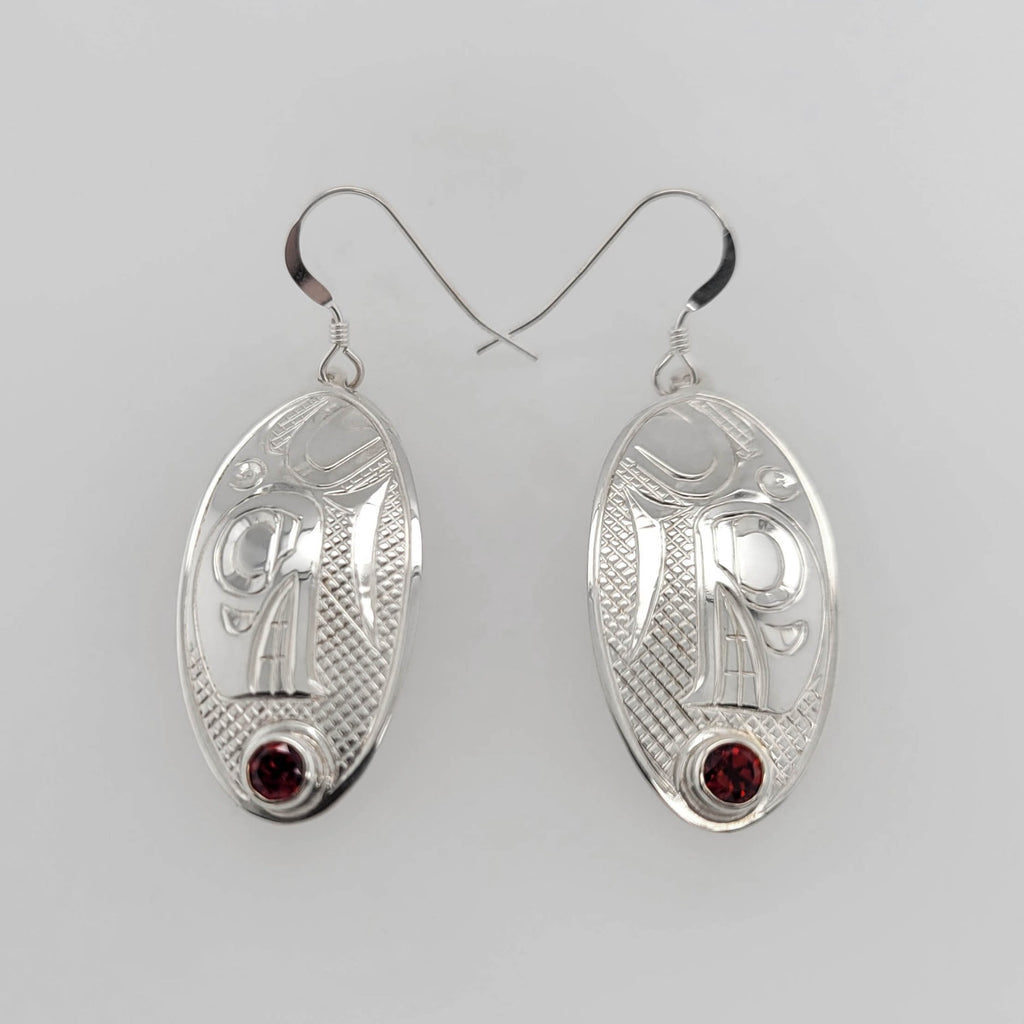 Indigenous Orca or Killer Whale Earrings with Garnet by Justin Rivard