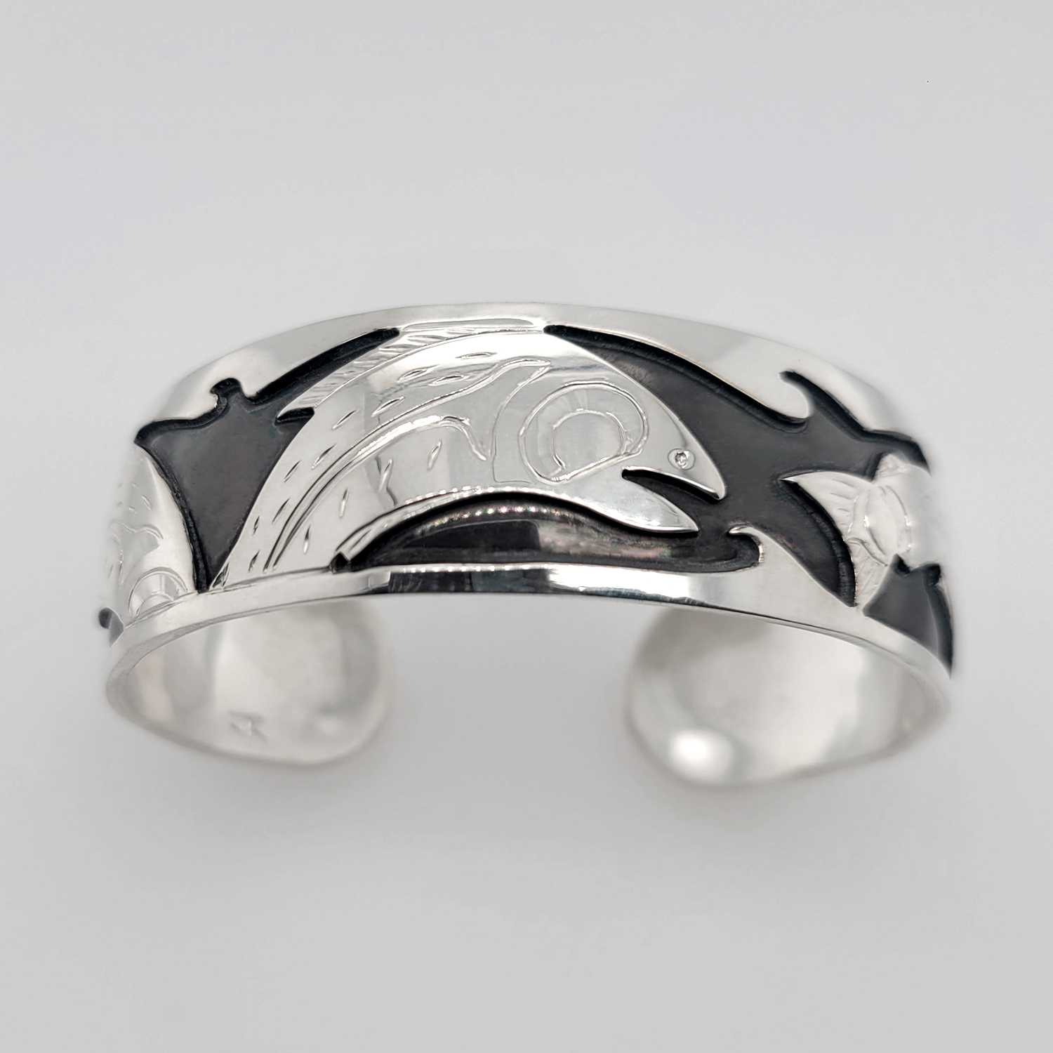 Silver Oxidized Salmon Bracelet by Native artist Justin Rivard