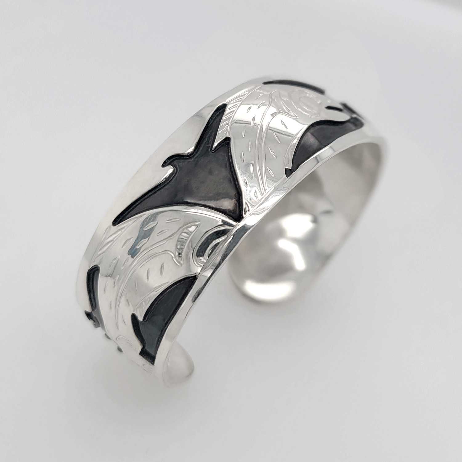 Silver Oxidized Salmon Bracelet by Native artist Justin Rivard