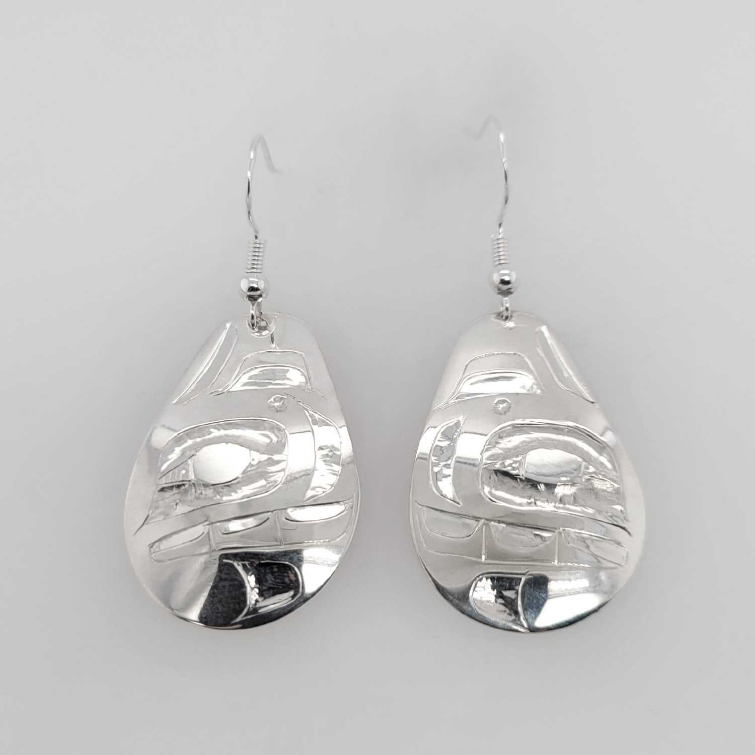 Silver Teardrop Orca Earrings by Alvin Adkins, Haida – Spirits of