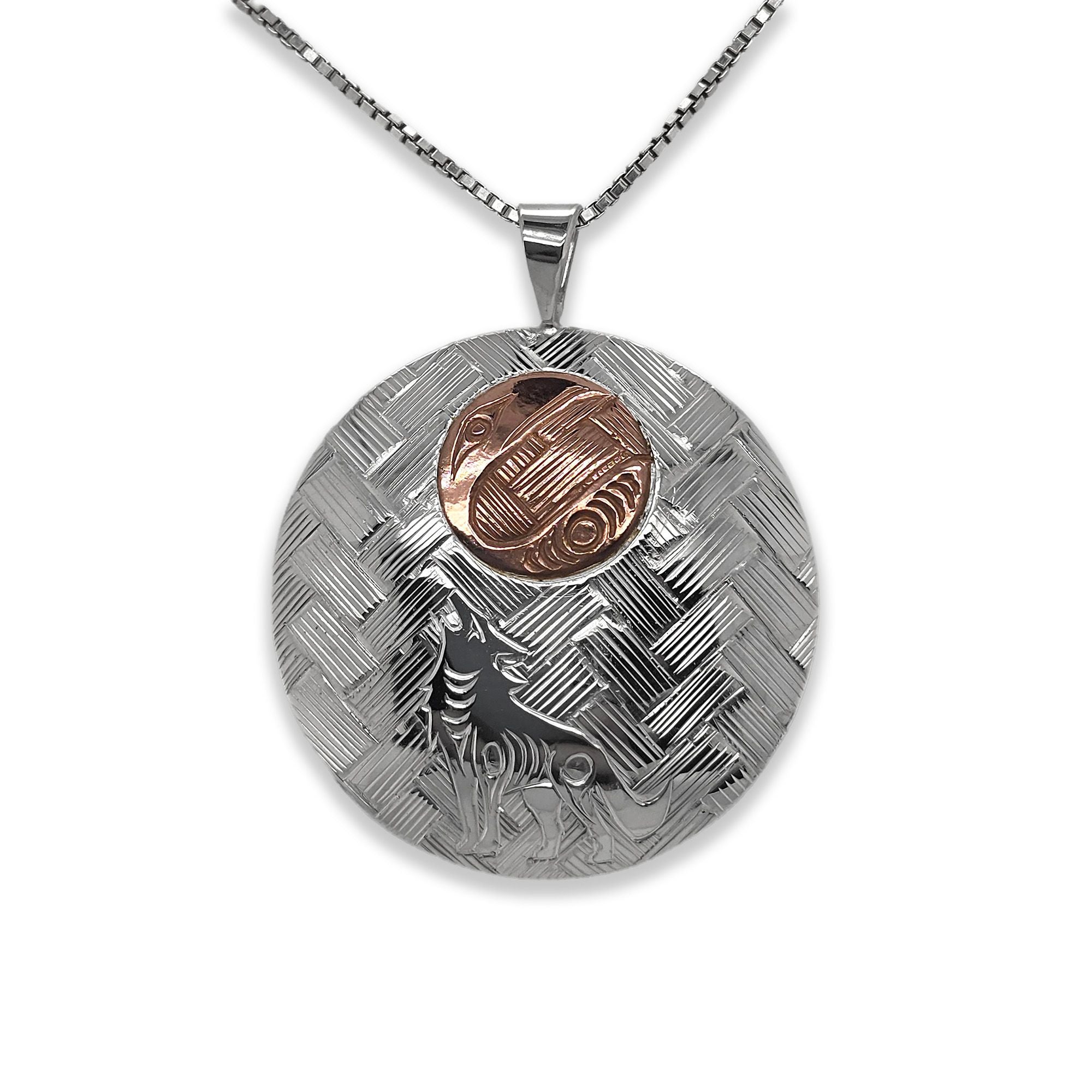 Silver Wolf with Copper Raven Moon Pendant by Coast Salish artist Jody Sparrow