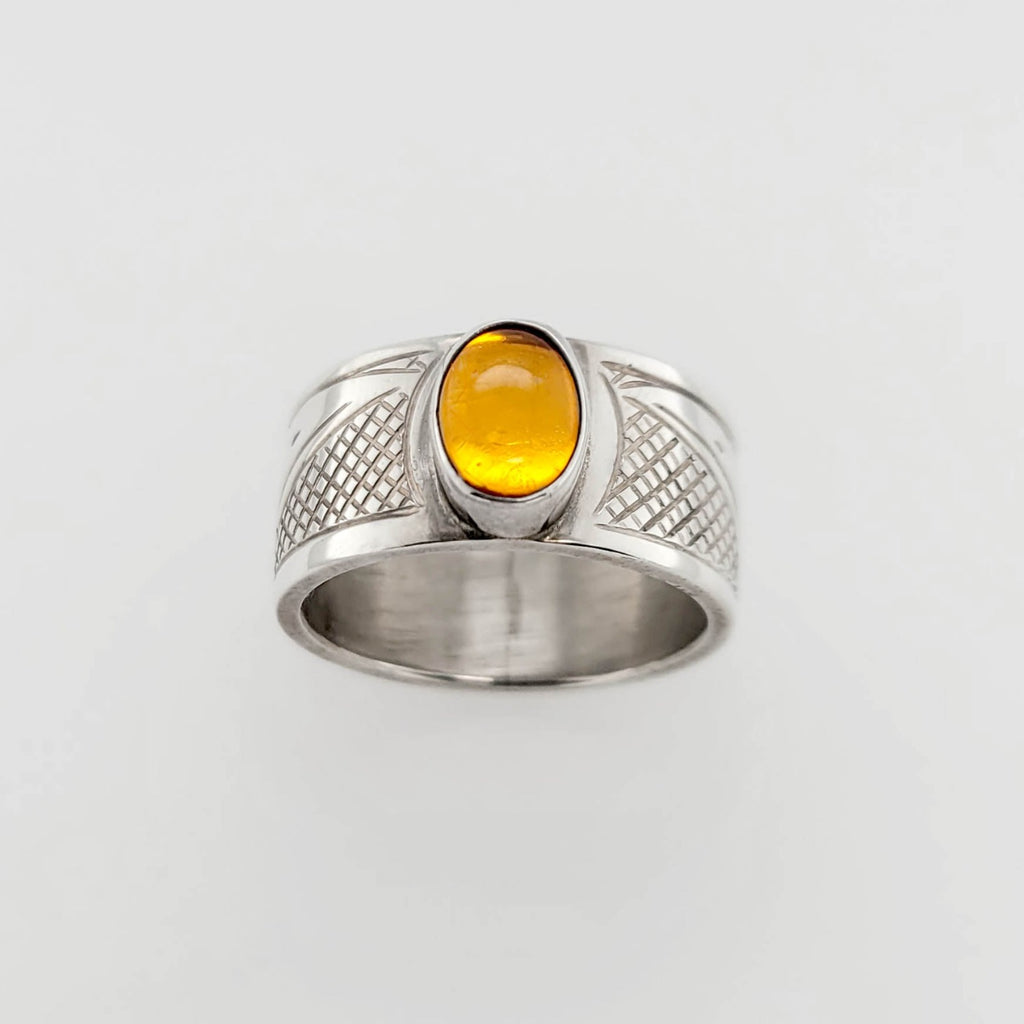 Silver and Amber Raven Ring by Cree artist Justin Rivard