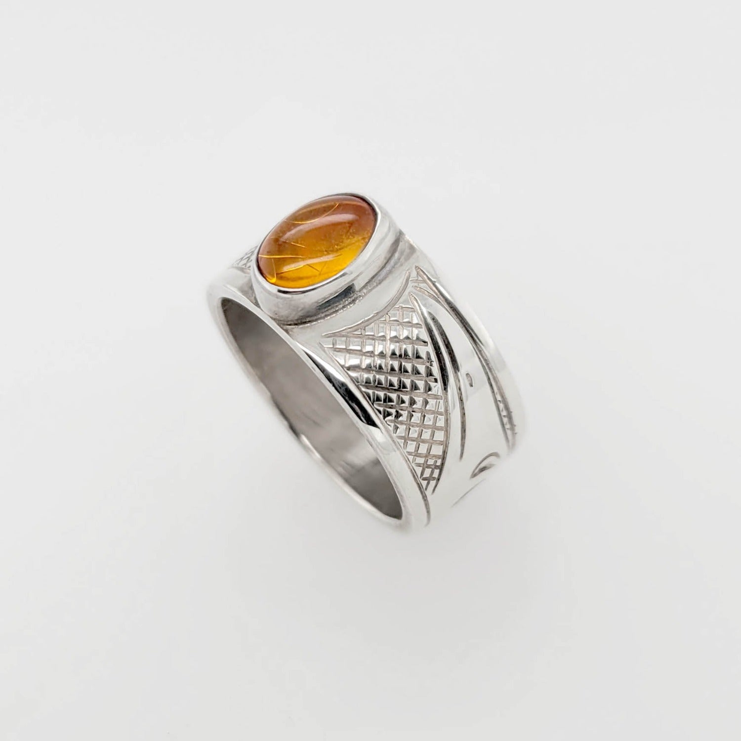 Silver and Amber Raven Ring by Cree artist Justin Rivard