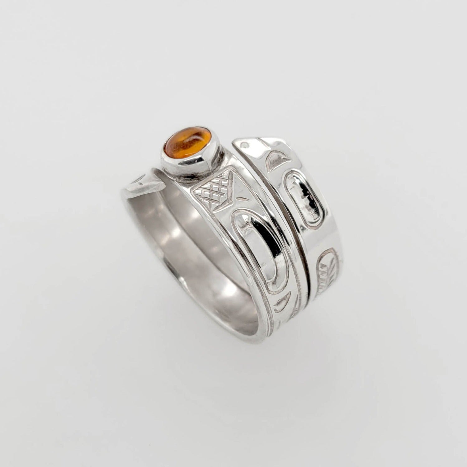 Silver and Amber Raven Ring by Cree artist Justin Rivard