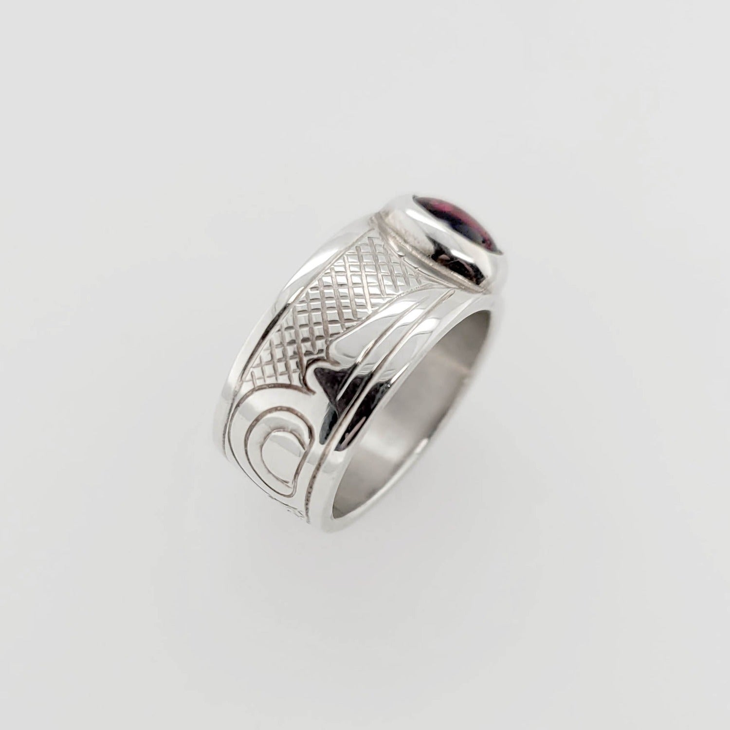 Silver and Garnet Hummingbird Ring by Cree artist Justin Rivard