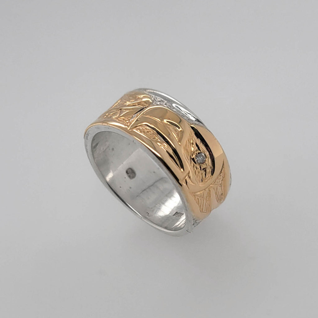 Indigenous Silver and Gold Ring with diamonds by Tsimshian artist Bill Helin