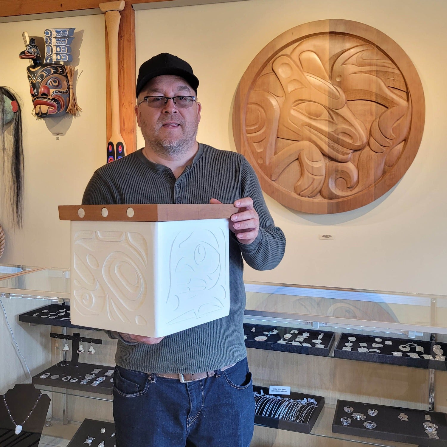 Sandblasted Bentwood Box by Kwakiutl artist Trevor Hunt