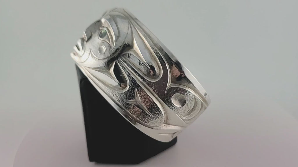 Silver and Abalone Carved and Hammered Moon Bracelet by Coast Salish artist Luke Marston