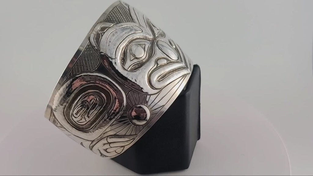 Silver Carver and Hammered Raven Bracelet by Haida artist Derek White Jr.