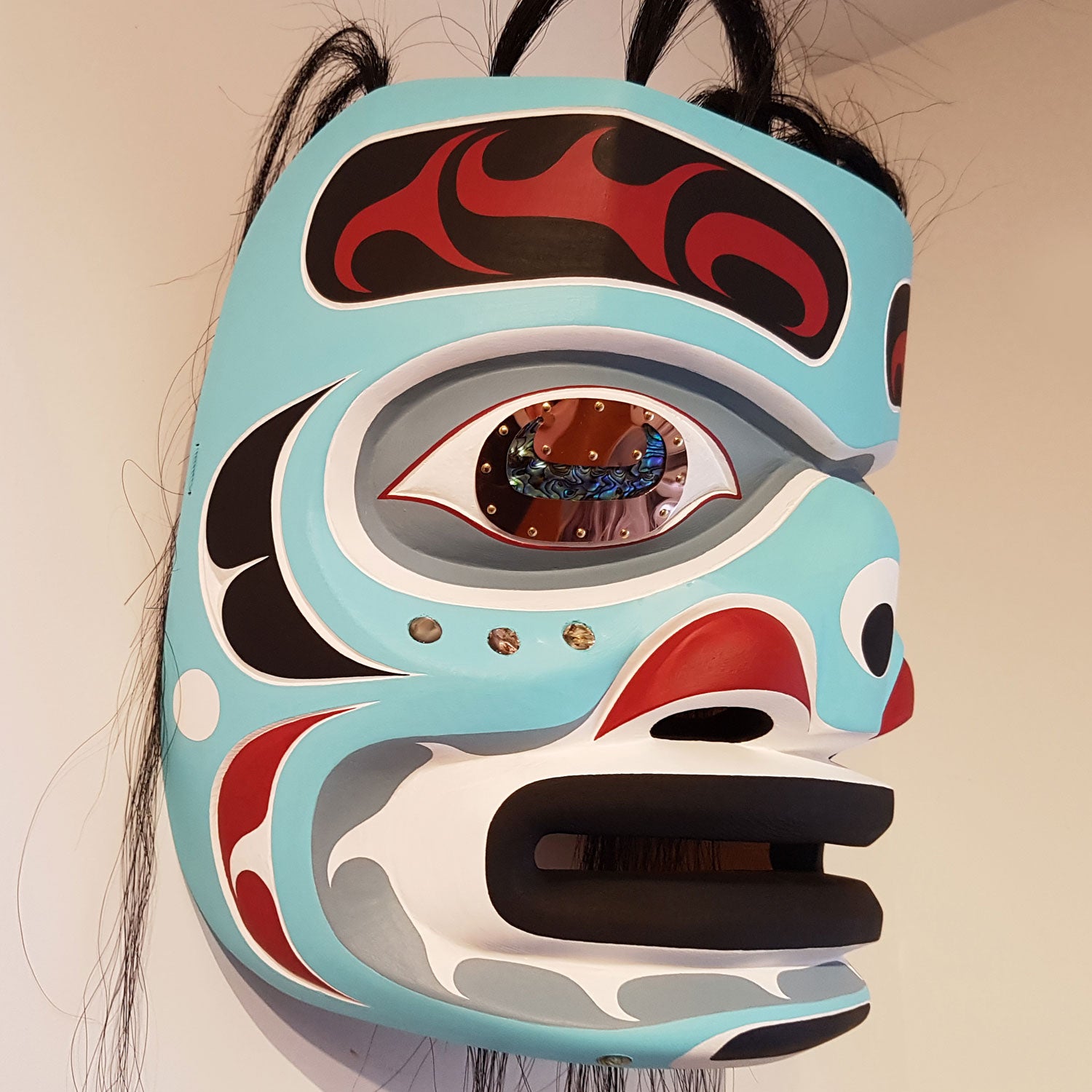 Cedar and Abalone Harvet Portrait Mask by Kwakiutl carver Trevor Hunt