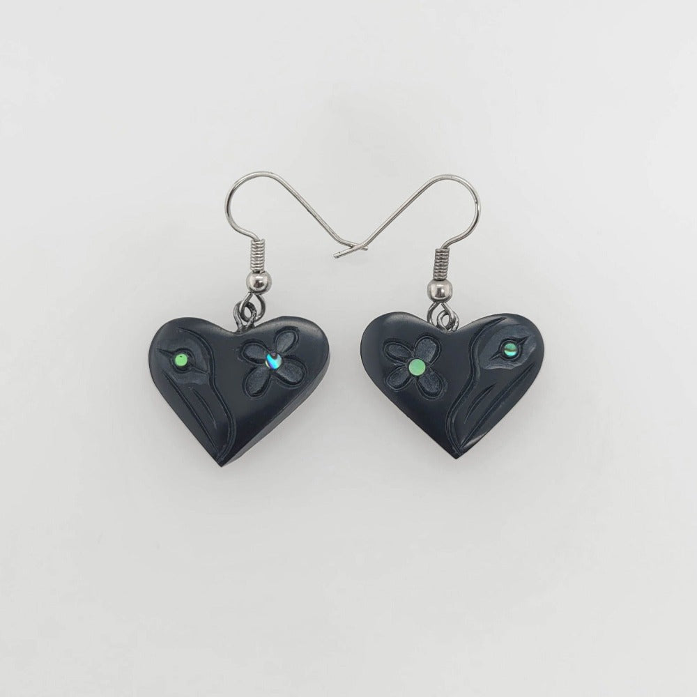 Argillite and Abalone Hummingbird Heart Earrings by Haida carver Amy Edgars