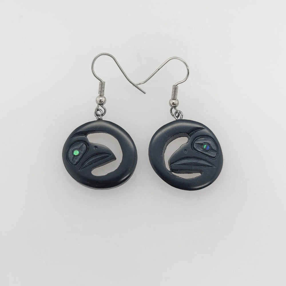 Argillite and Abalone Raven Earrings by Haida carver Amy Edgars