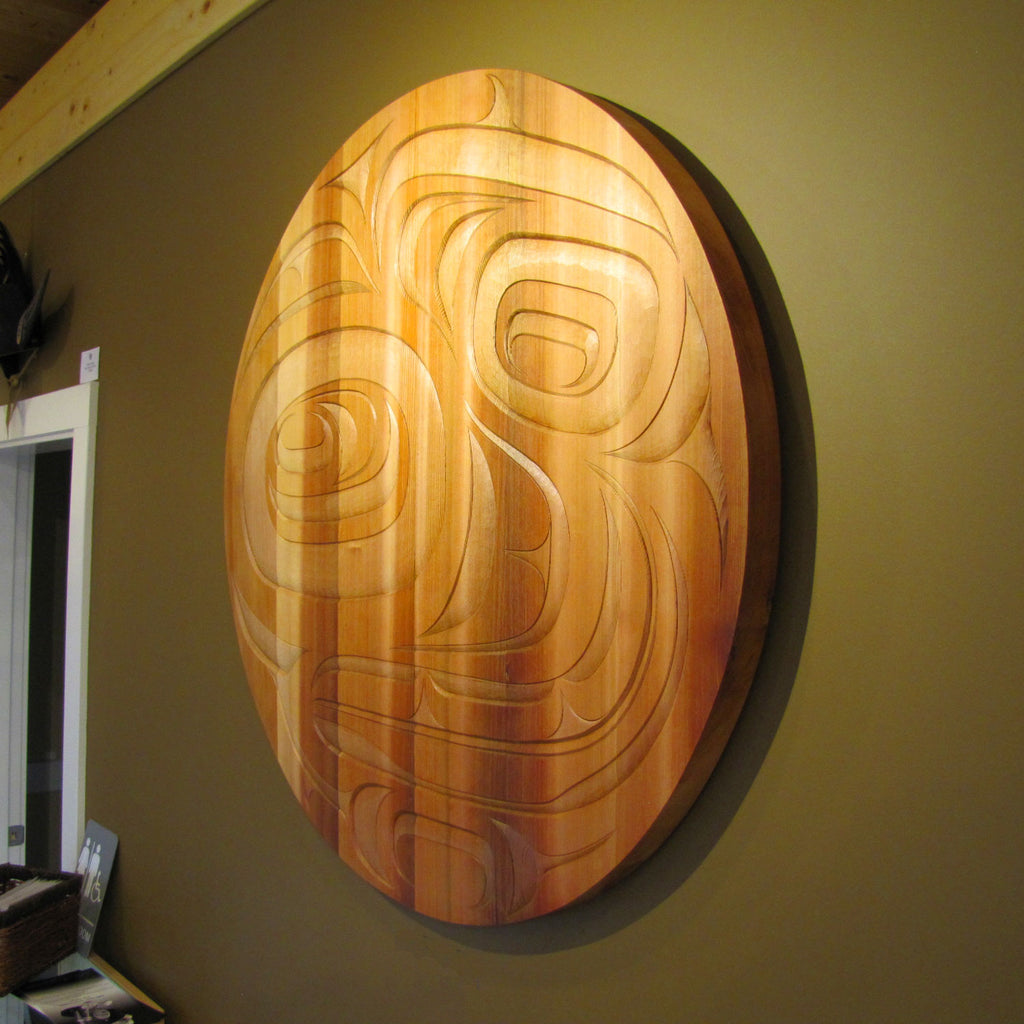Large Bear and Salmon Cedar Panel by Kwakiutl carver Trevor Hunt