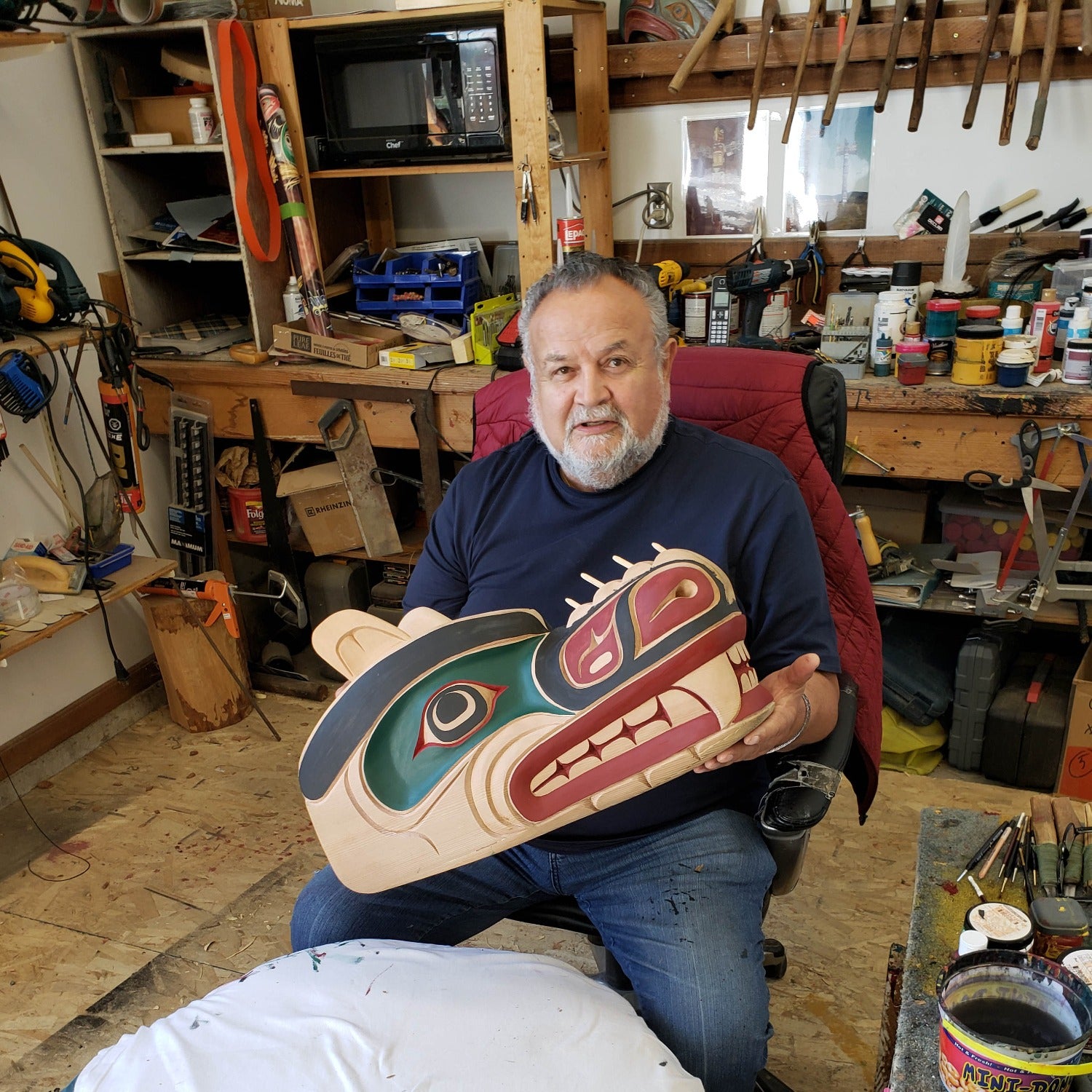 Kwakwaka'wakw Master Carver Bill Henderson with Sea Bear Mask in progress