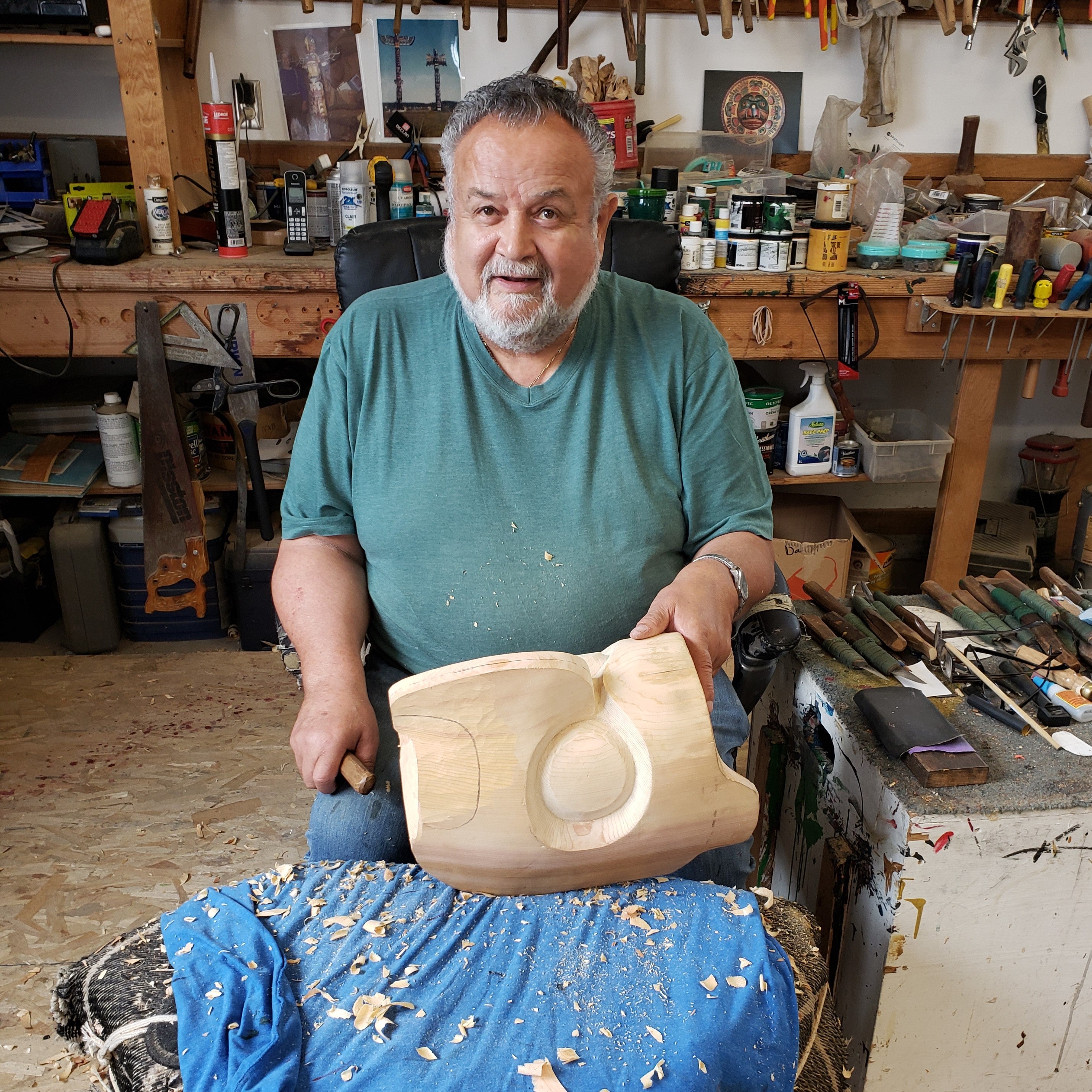 Kwakwaka'wakw Master Carver Bill Henderson with Owl Mask in progress