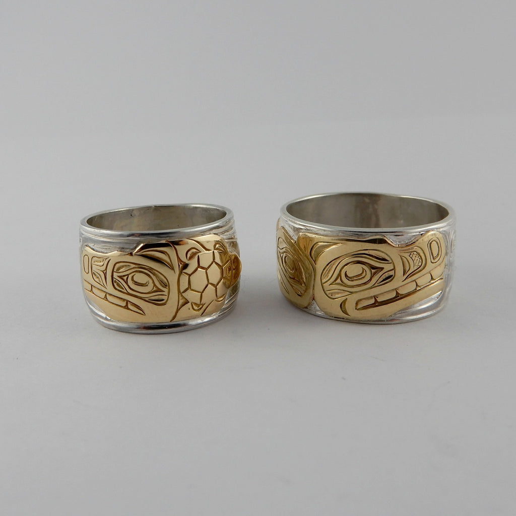 Custom Silver and Gold Turtle and Wolf First Nations Wedding Rings