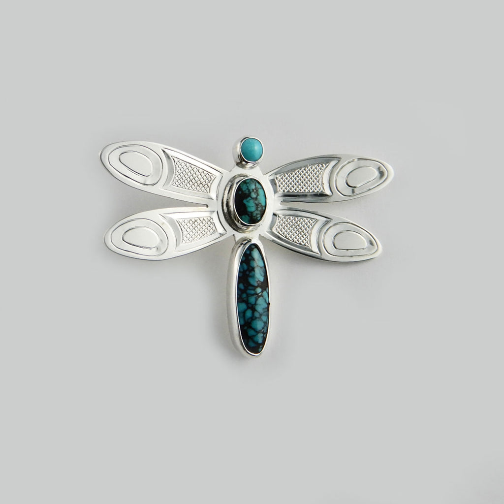 Silver and Turquoise Dragonfly Pendant by Cree artist Justin Rivard