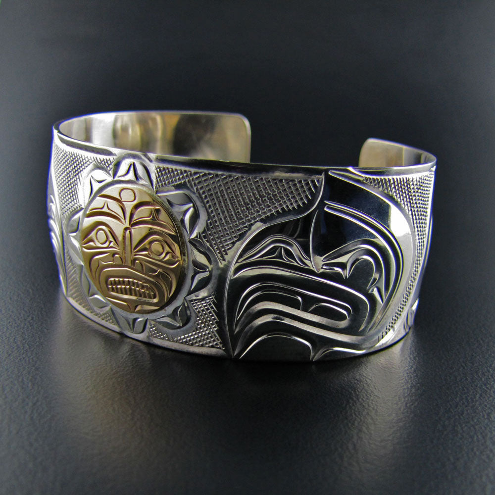 Large Silver and Gold Sun Eagle Bracelet by Kwakwaka'wakw artist Rick Johnson