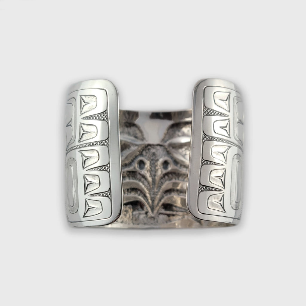 Carved and Hammered Eagle and Salmon Silver Bracelet by Derek White