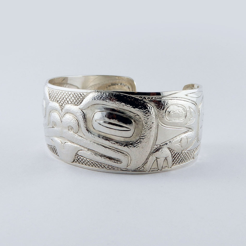 Silver Carved and Hammered Frog Bracelet by Haida artist Derek White