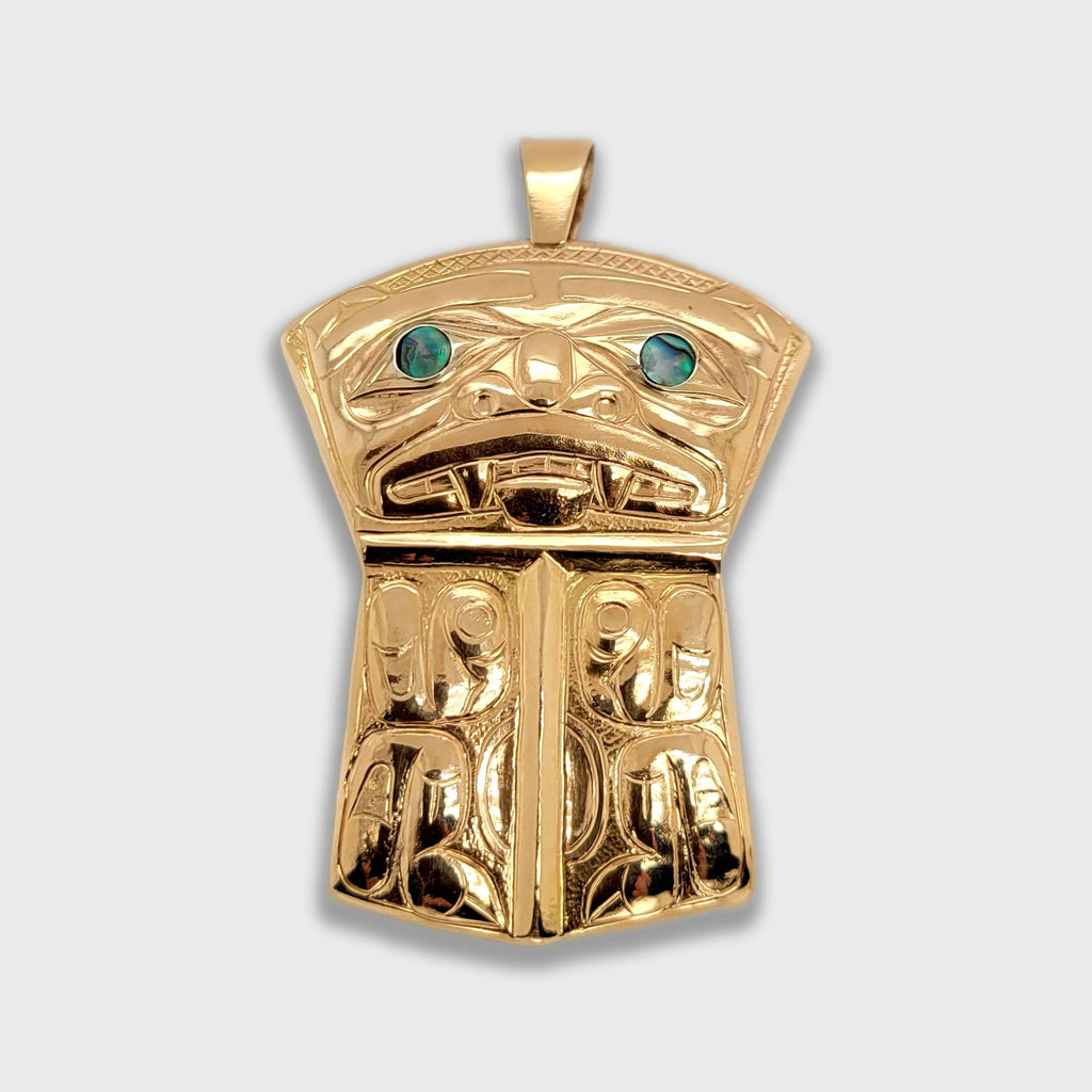 Gold and Abalone copper-shaped Bear Pendant by Haida artist Derek White