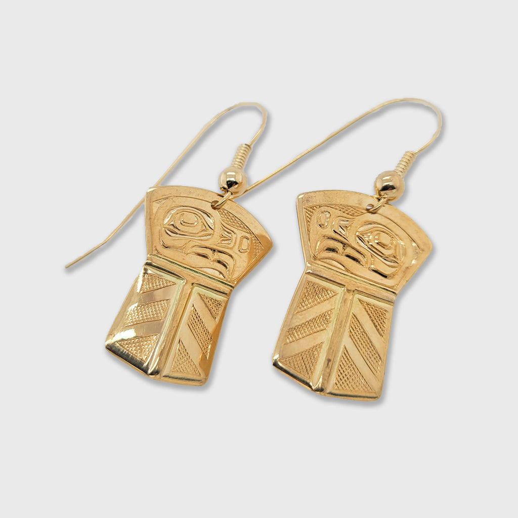 Gold Copper-shaped Eagle stud earrings by Kwakwaka'wakw artist Joe Wilson