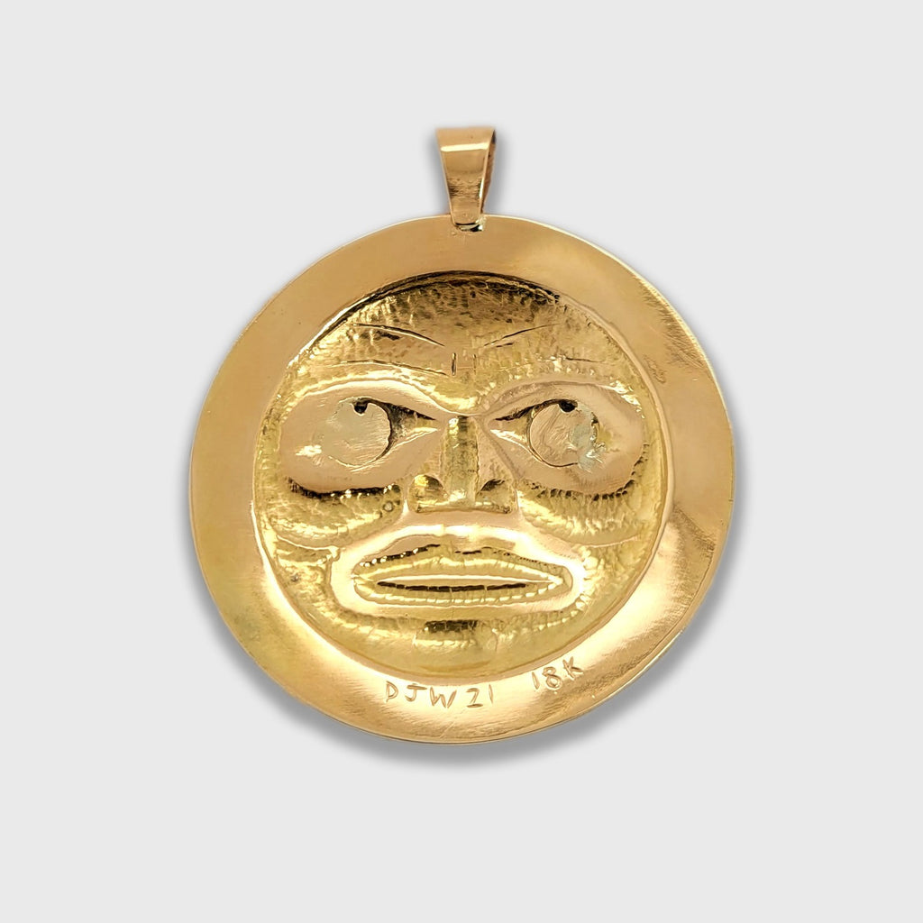 Gold and Abalone Hammered Moon Pendant by Haida artist Derek White